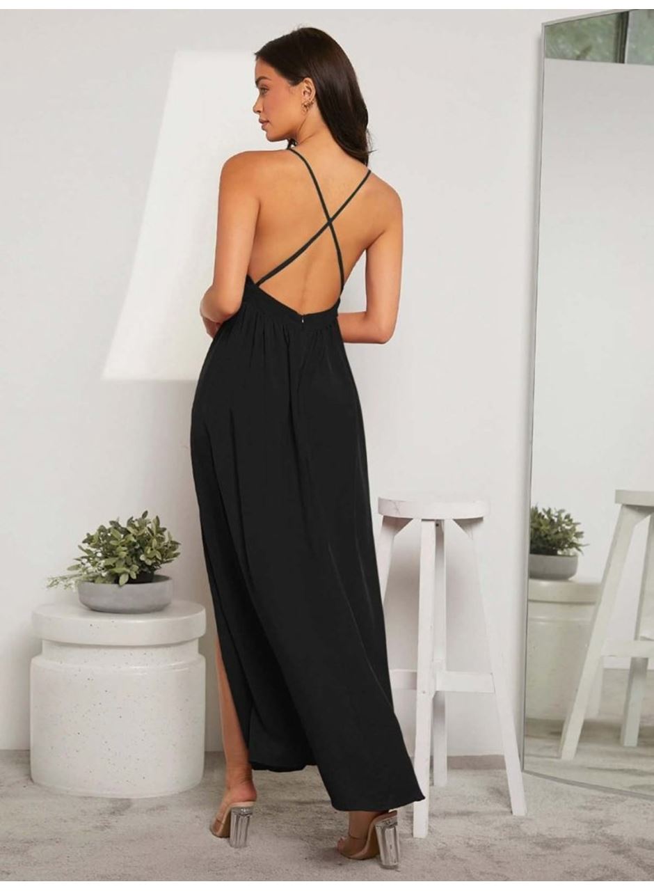 Kadın Ip Askılı Kruvazeli Yırtmaç Detaylı Yerli Krep Uzun Elbise