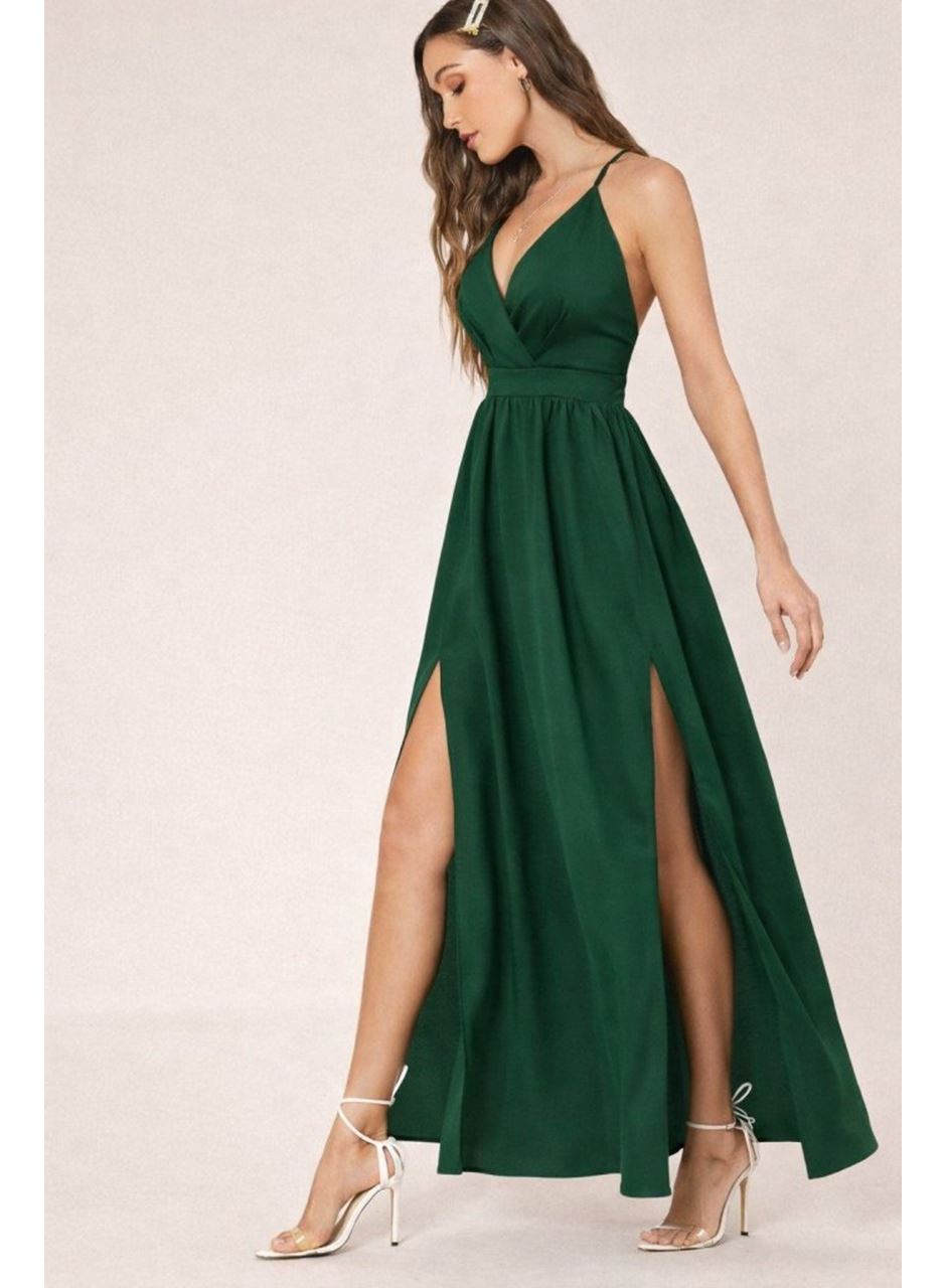 Kadın Ip Askılı Kruvazeli Yırtmaç Detaylı Yerli Krep Uzun Elbise