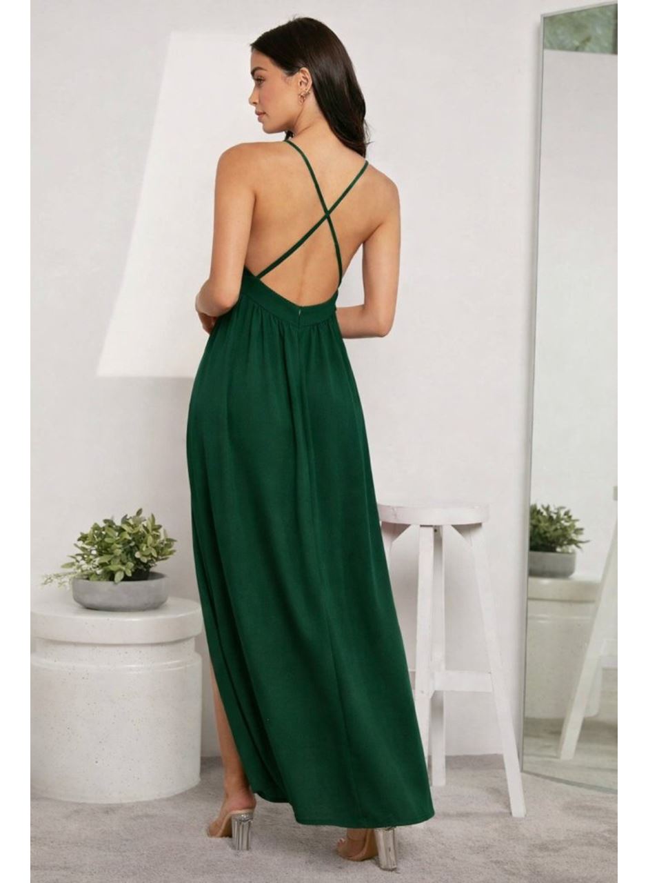 Kadın Ip Askılı Kruvazeli Yırtmaç Detaylı Yerli Krep Uzun Elbise