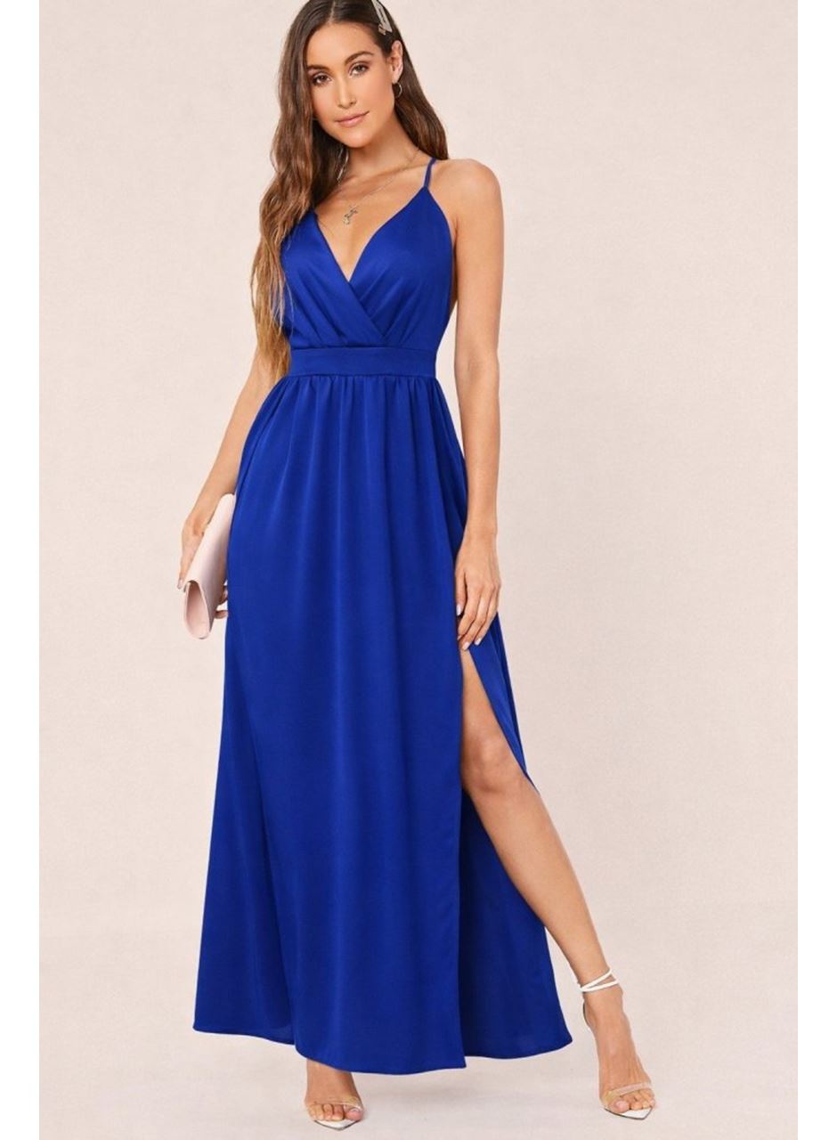 Kadın Ip Askılı Kruvazeli Yırtmaç Detaylı Yerli Krep Uzun Elbise