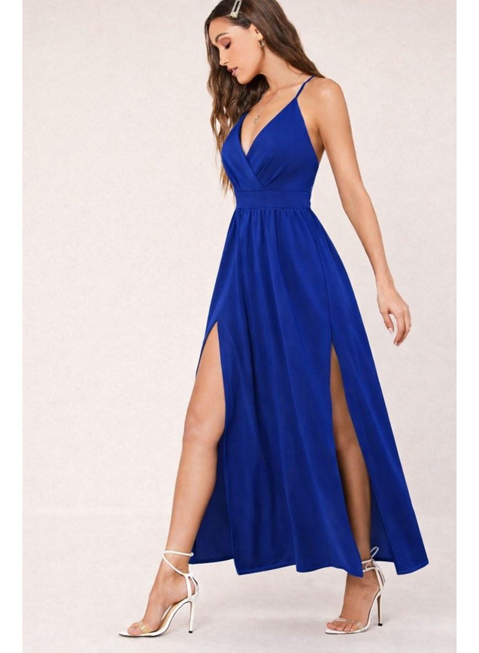 Kadın Ip Askılı Kruvazeli Yırtmaç Detaylı Yerli Krep Uzun Elbise