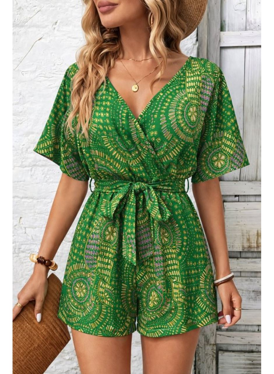 Kadın Kısa Kollu Kruvaze Yakalı Belden Kuşaklı Desenli Kısa Süprem Tulum