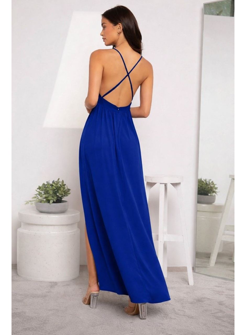 Kadın Ip Askılı Kruvazeli Yırtmaç Detaylı Yerli Krep Uzun Elbise