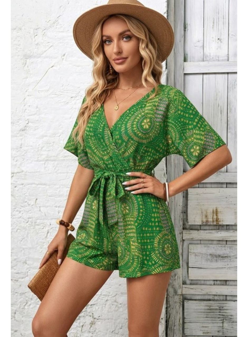 Kadın Kısa Kollu Kruvaze Yakalı Belden Kuşaklı Desenli Kısa Süprem Tulum