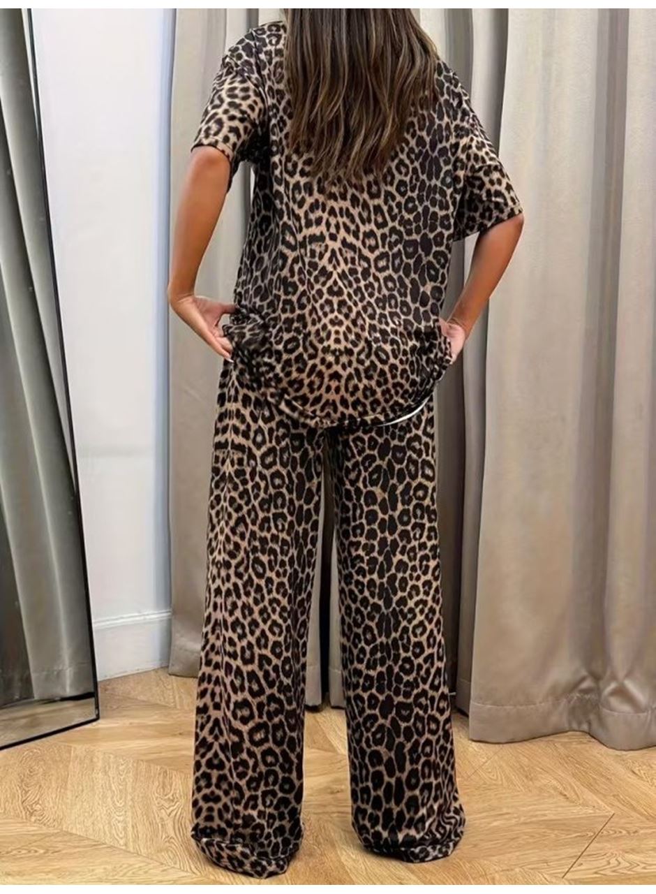 Kadın Kısa Kollu Bisiklet Yaka Iki Iplik Leopar Desenli Bluz Ve Pantolon Ikili Takım