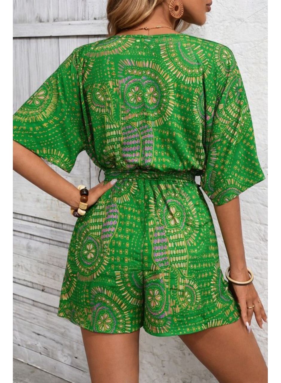 Kadın Kısa Kollu Kruvaze Yakalı Belden Kuşaklı Desenli Kısa Süprem Tulum