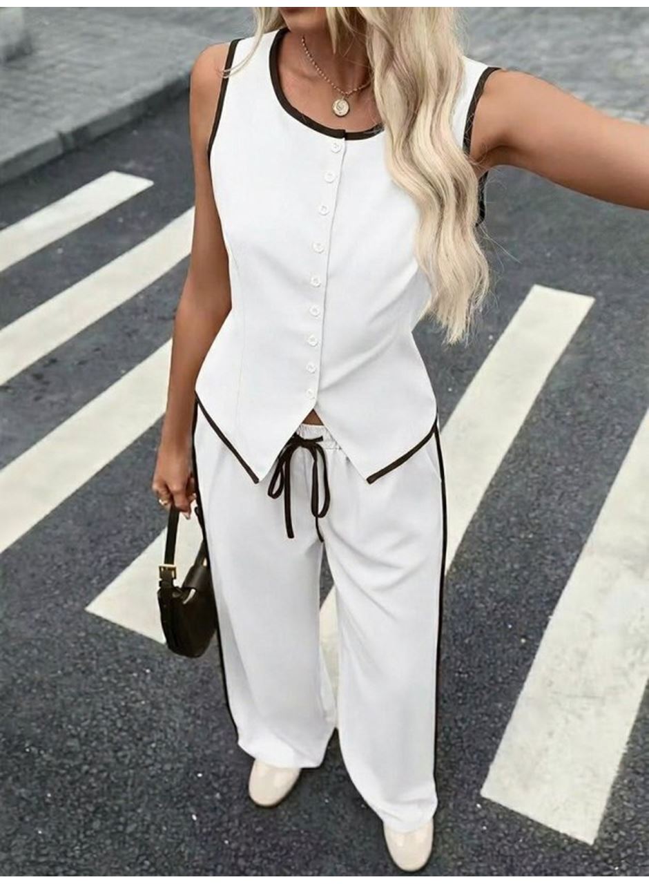 Kadın Kolsuz önü Düğmeli Yelek Ve Pantolon Ikili Takım