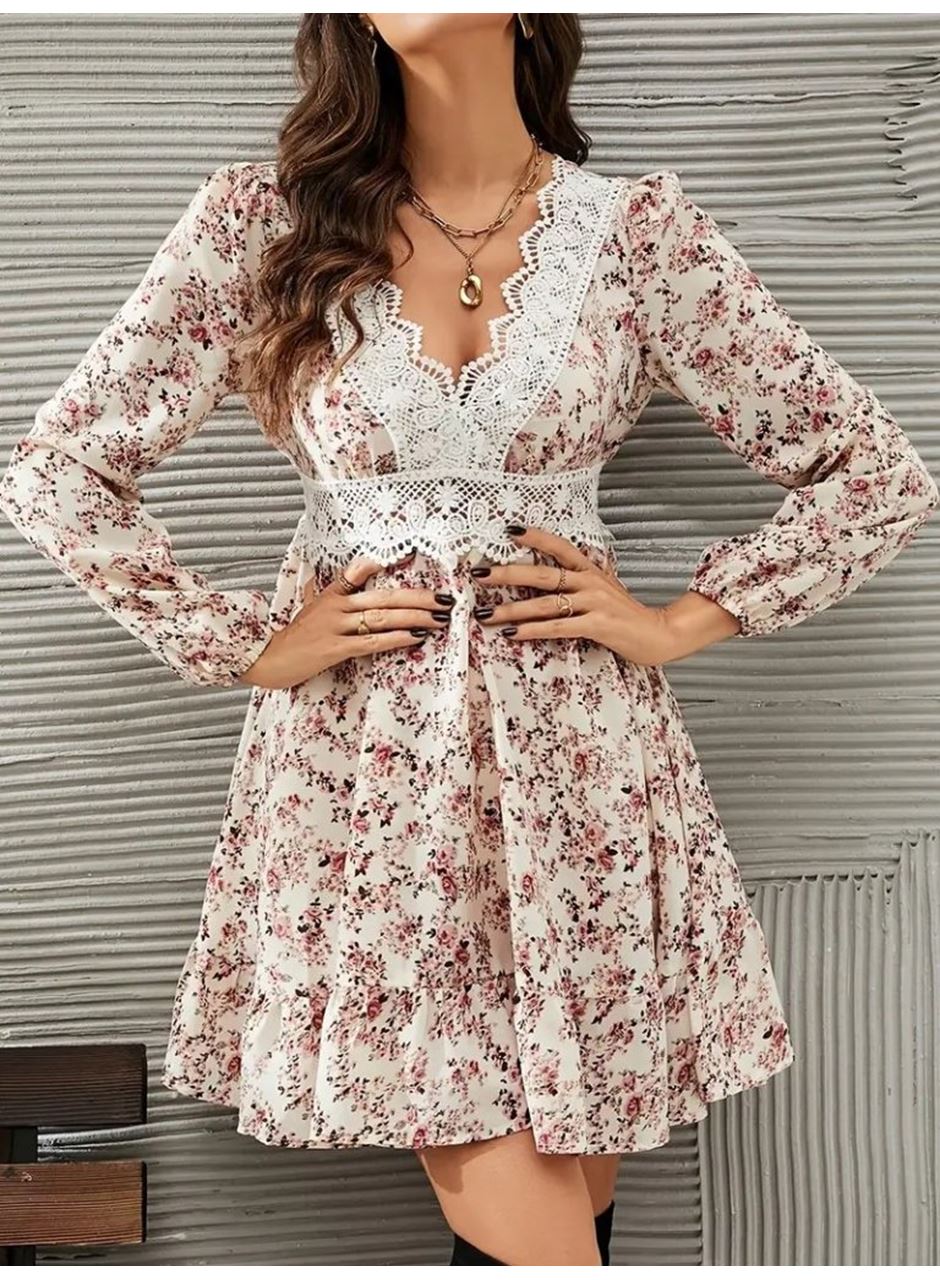 Kadın Uzun Kollu Dantel V Yakalı Mini Desenli Süprem Elbise