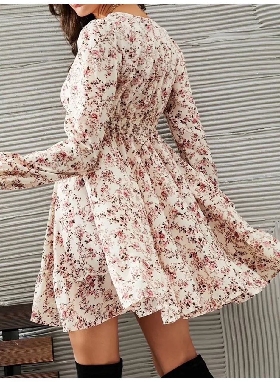 Kadın Uzun Kollu Dantel V Yakalı Mini Desenli Süprem Elbise