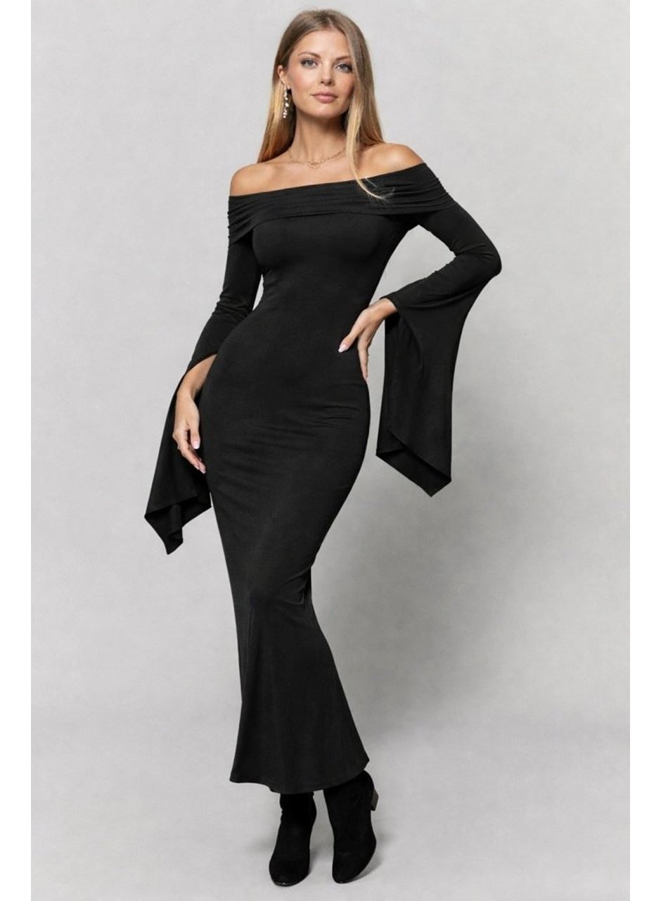 Kadın Madonna Yaka Uzun Yırtmaç Kol Detaylı Uzun Ithal Krep Elbise
