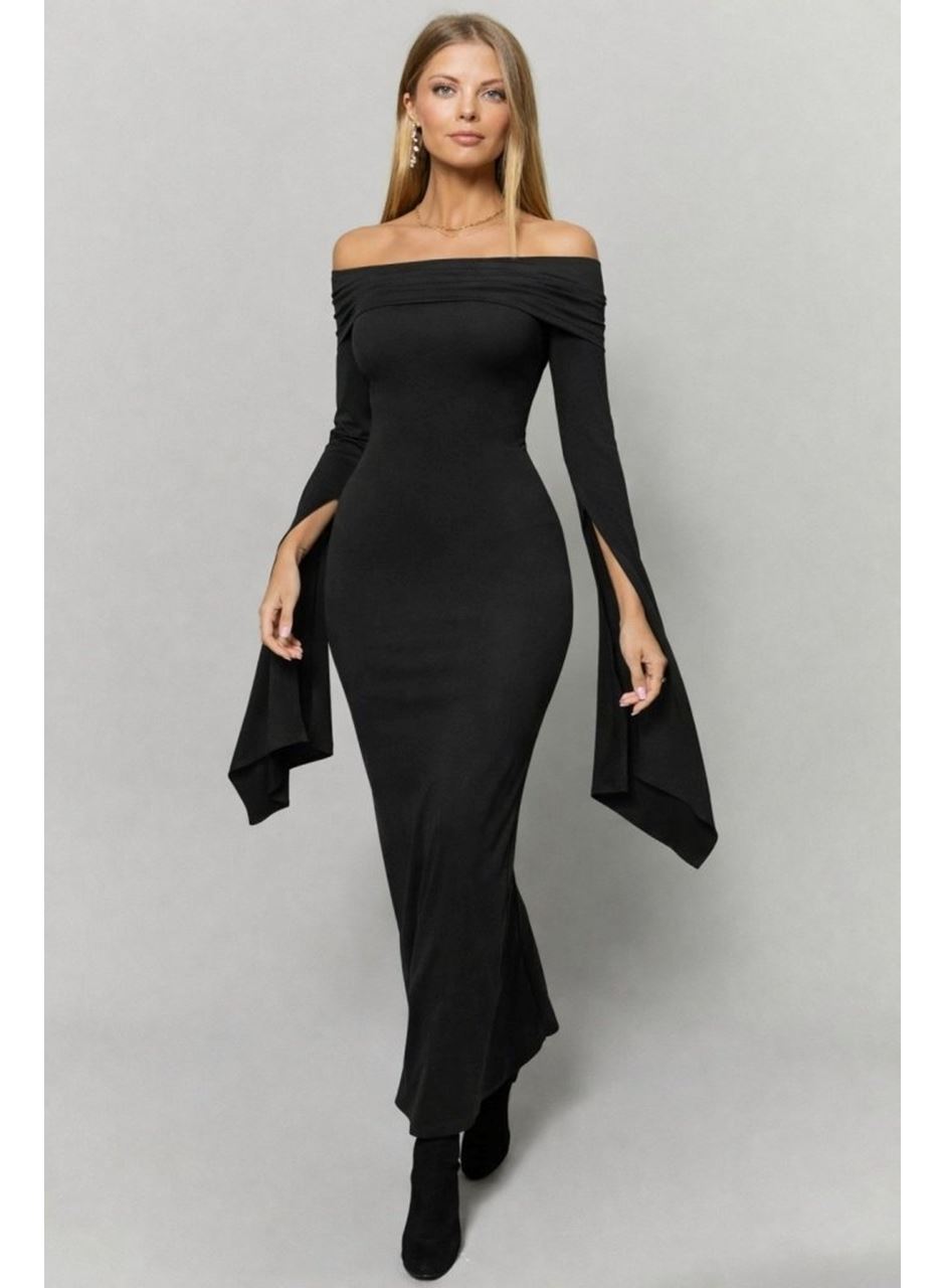 Kadın Madonna Yaka Uzun Yırtmaç Kol Detaylı Uzun Ithal Krep Elbise