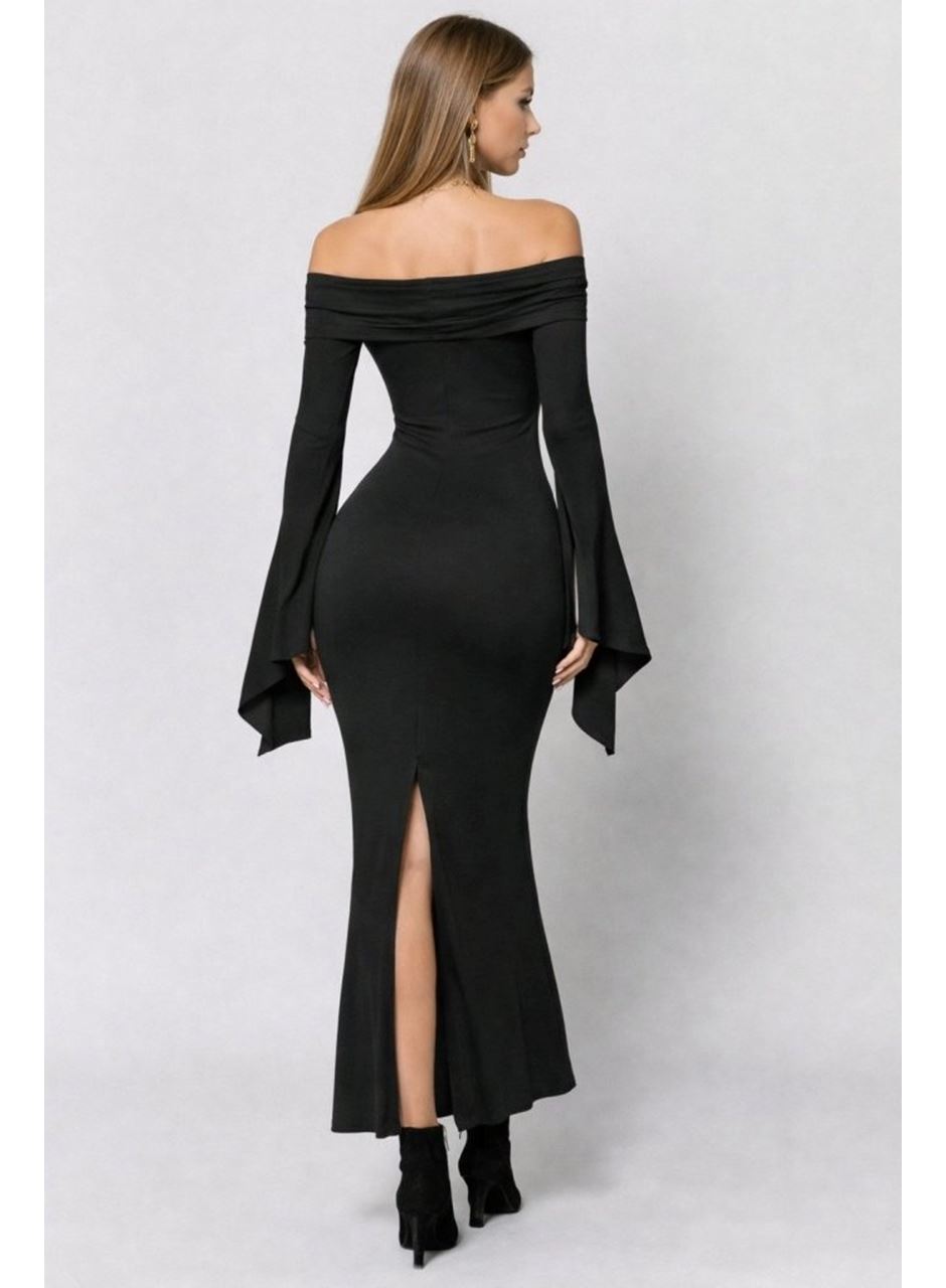 Kadın Madonna Yaka Uzun Yırtmaç Kol Detaylı Uzun Ithal Krep Elbise