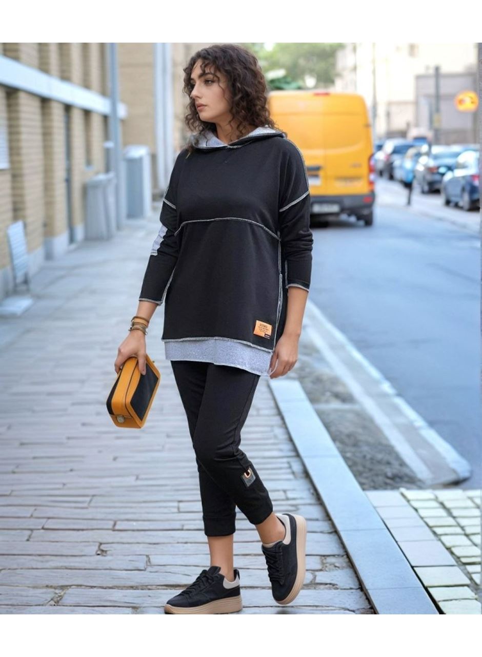 Kadın Siyah Kapşonlu Etek Ucu Detay Arma Ters Dikiş Gorunumlu Ikili Takım