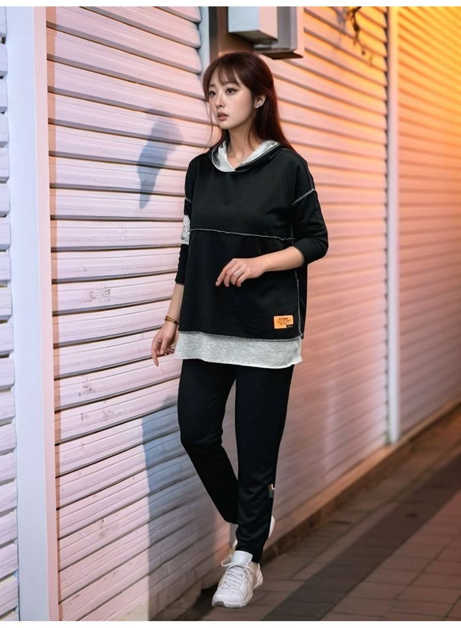 Kadın Siyah Kapşonlu Etek Ucu Detay Arma Ters Dikiş Gorunumlu Ikili Takım
