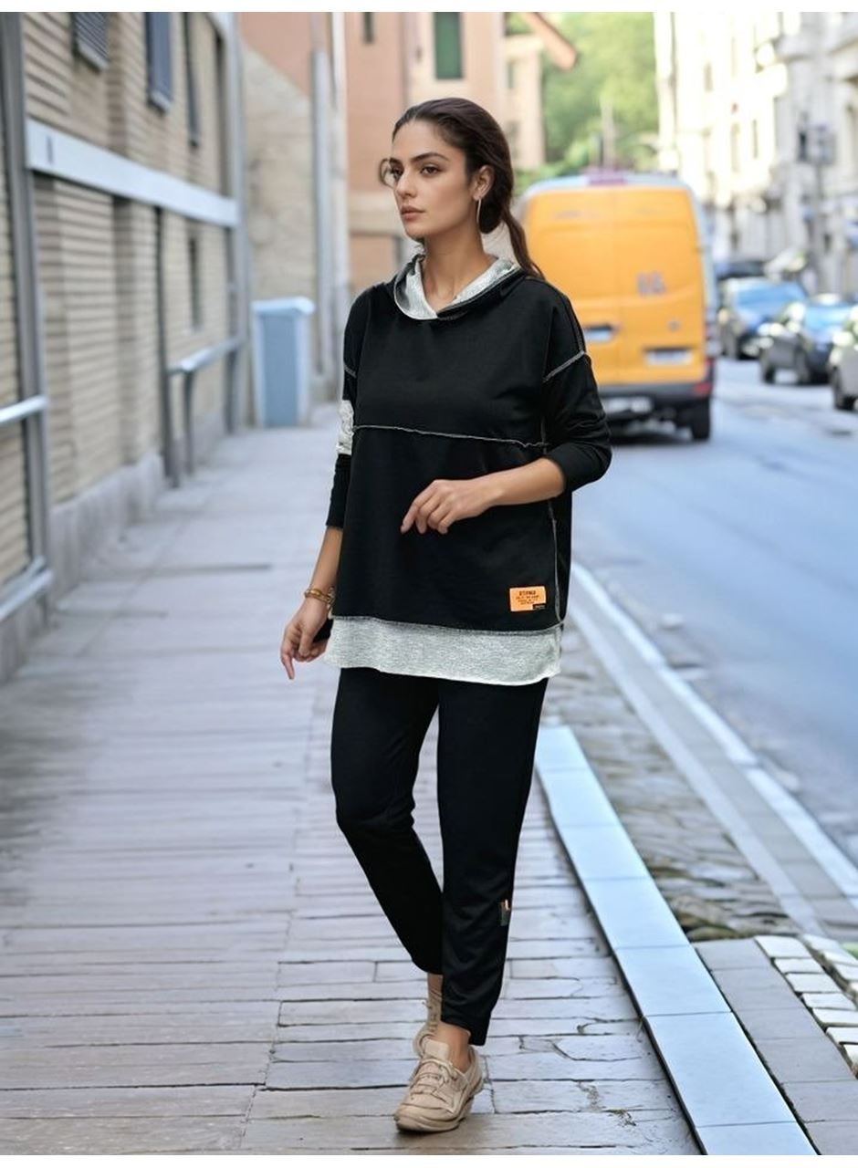 Kadın Siyah Kapşonlu Etek Ucu Detay Arma Ters Dikiş Gorunumlu Ikili Takım