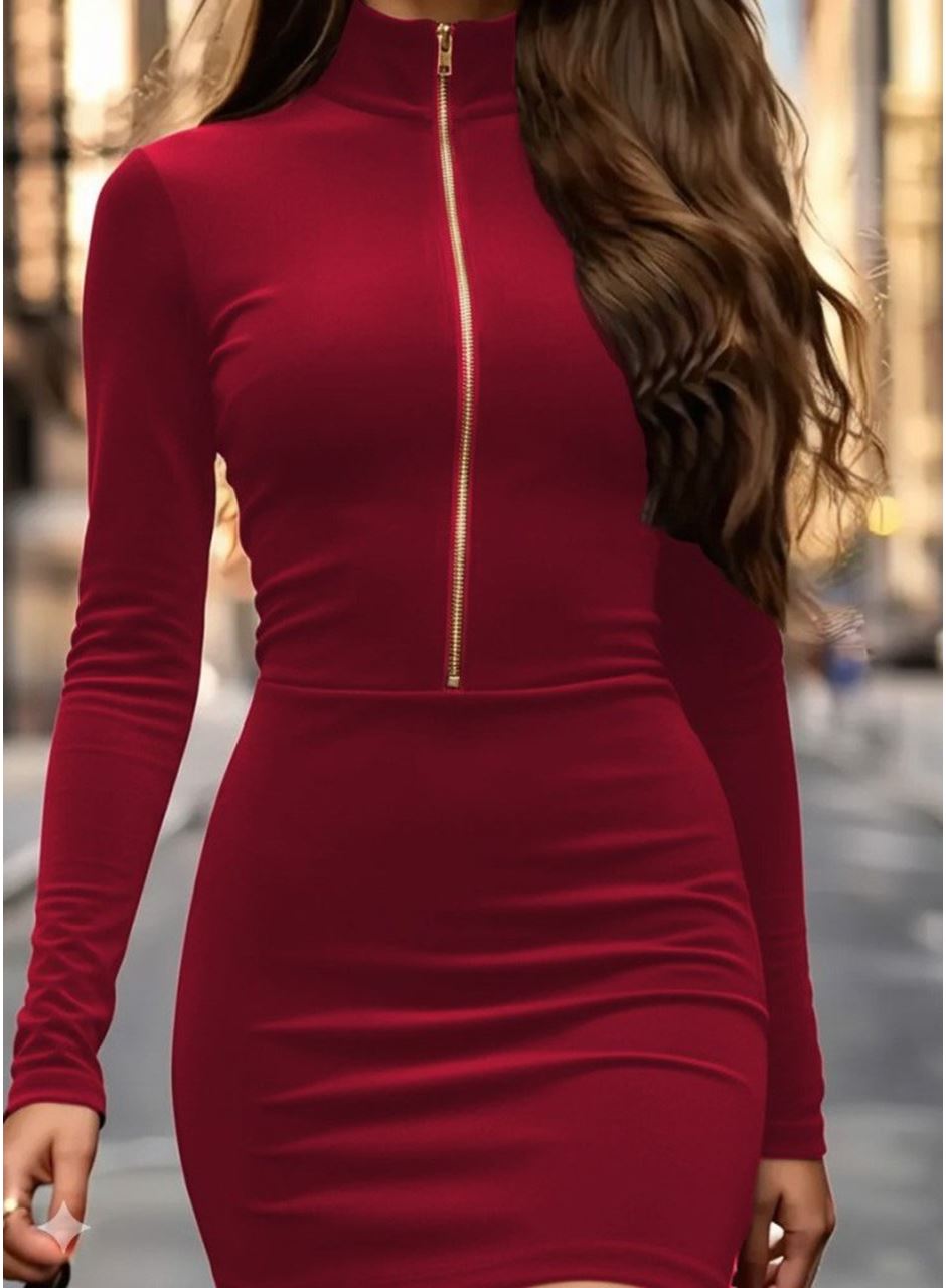 Kadın Uzun Kollu Balıkçı Yaka Yakadan Göğüse Kadar Fermuar Detaylı Mini Kadife Elbise