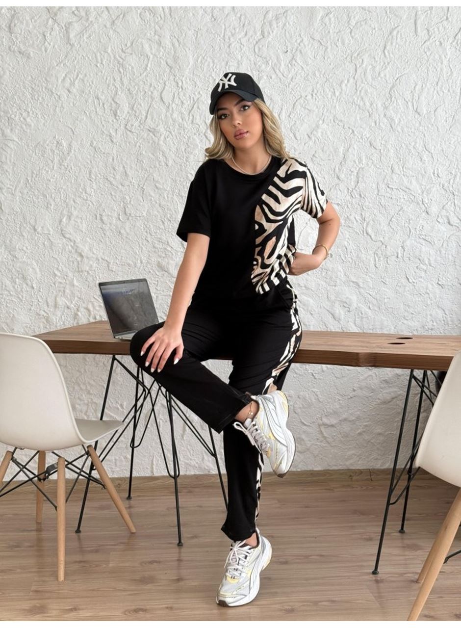 Kadın Bisiklet Yaka Kısa Kol Leopar Desen Bluz Ve Pantolon Ikili Takım