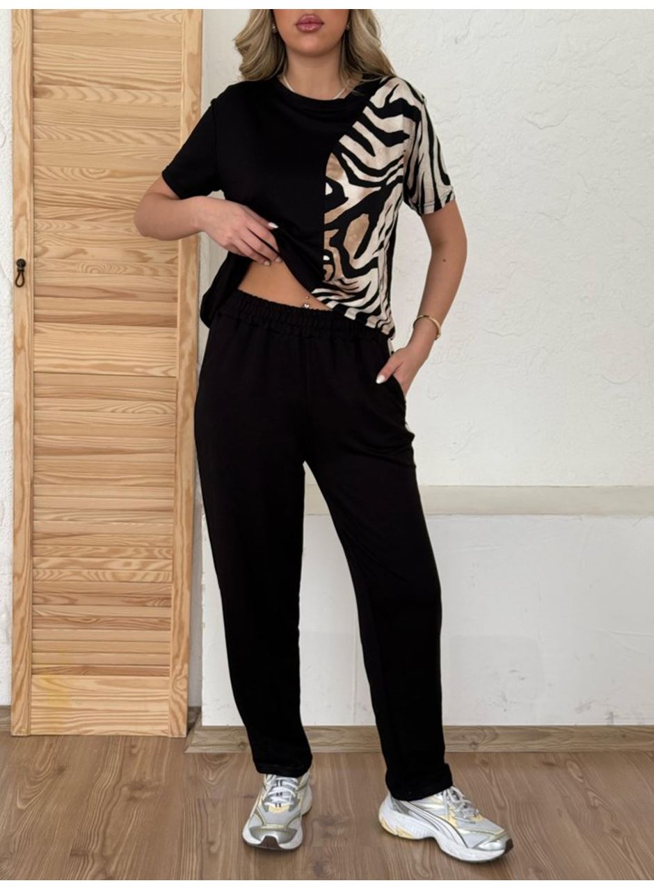 Kadın Bisiklet Yaka Kısa Kol Leopar Desen Bluz Ve Pantolon Ikili Takım
