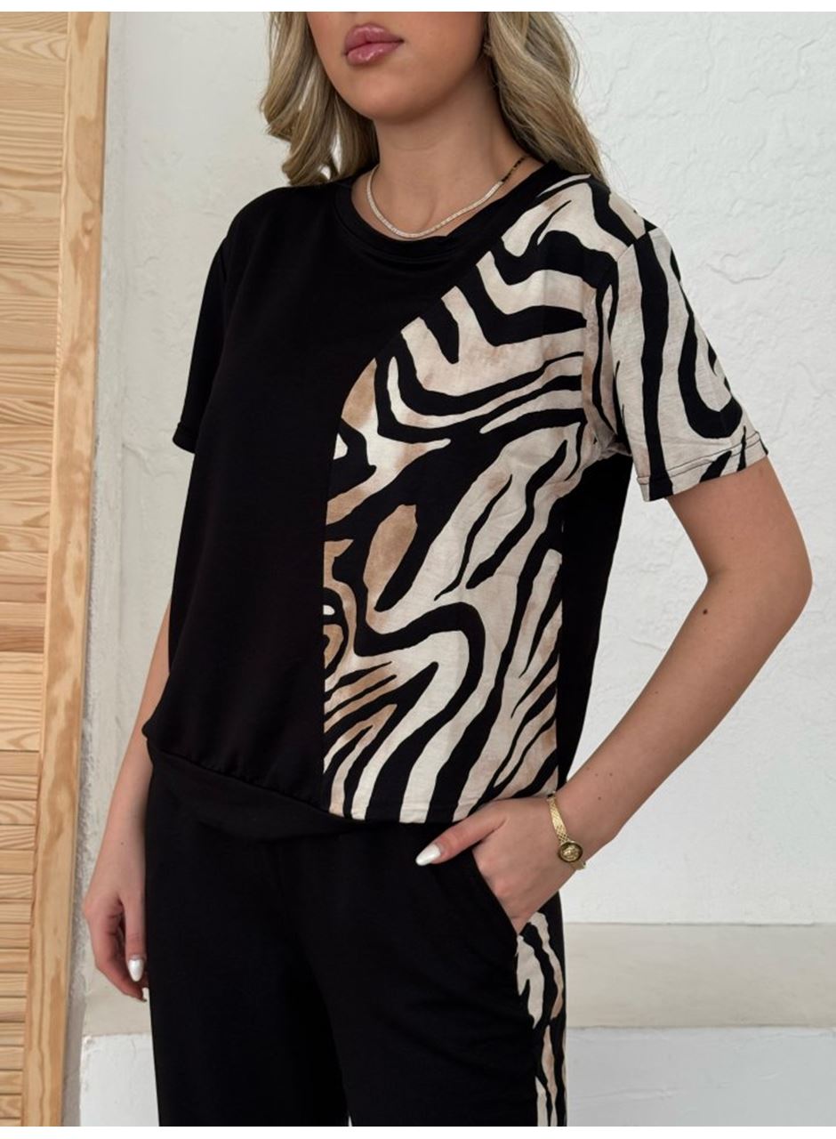 Kadın Bisiklet Yaka Kısa Kol Leopar Desen Bluz Ve Pantolon Ikili Takım