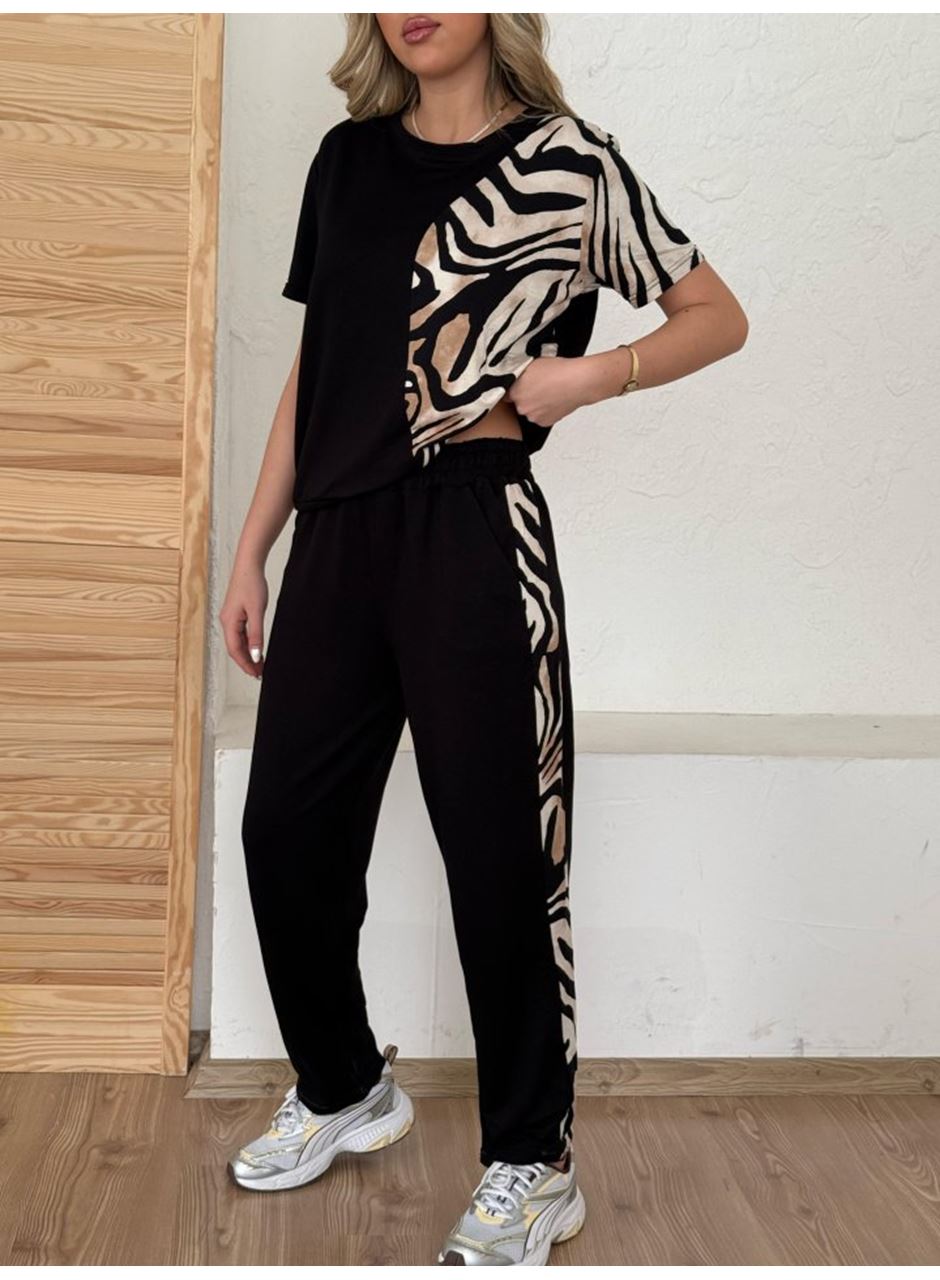 Kadın Bisiklet Yaka Kısa Kol Leopar Desen Bluz Ve Pantolon Ikili Takım