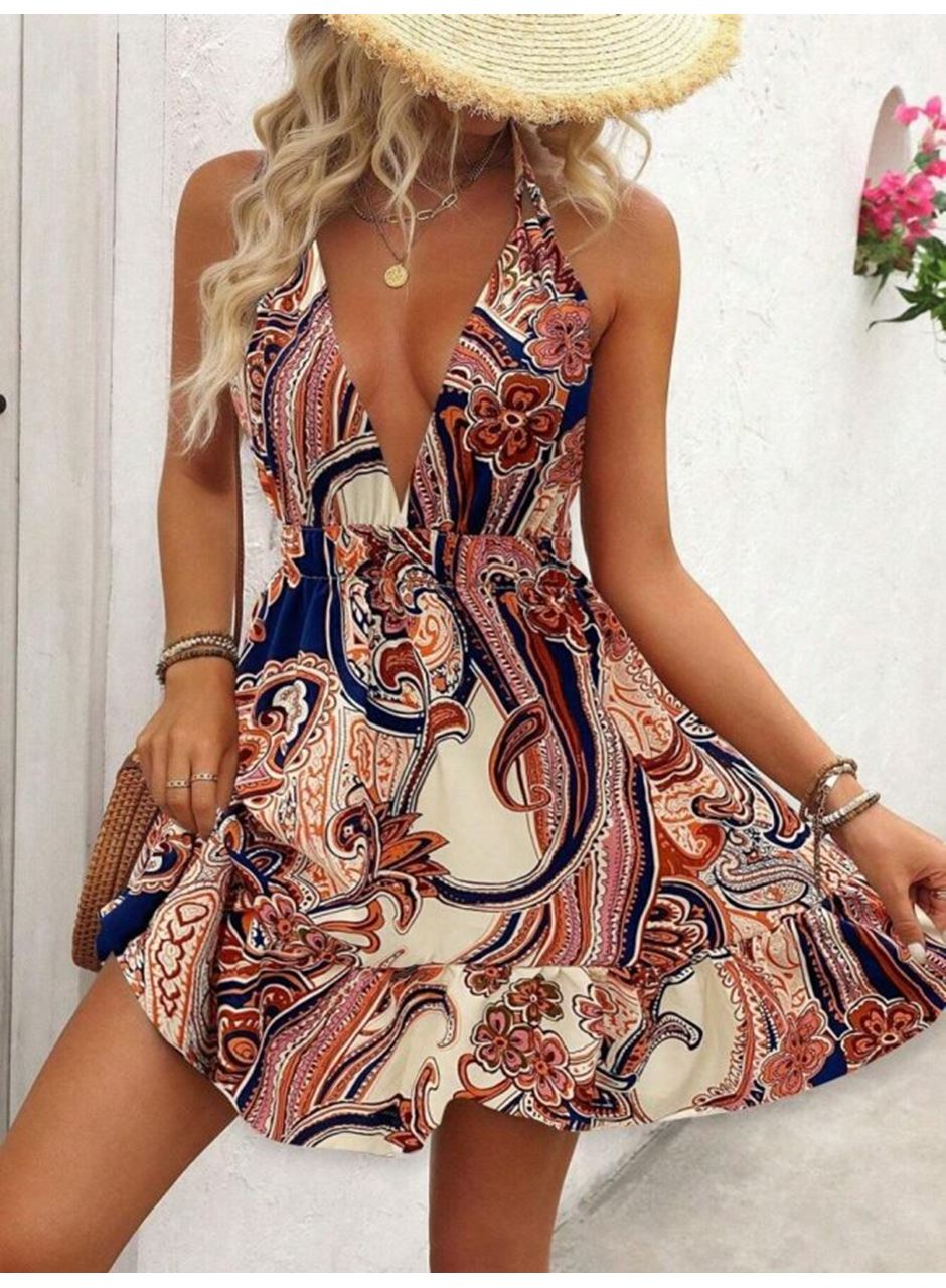 Kadın Askılı Derin Göğüs Dekolte Detaylı Arkadan Bağcıklı Desenli Süprem Kısa Elbise