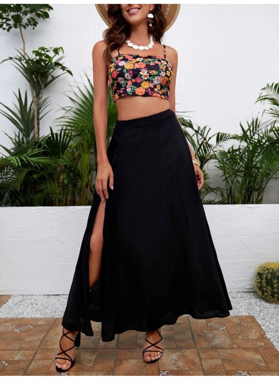 Kadın Yüksek Bel Yandan Yırtmaçlı Uzun Sandy Etek