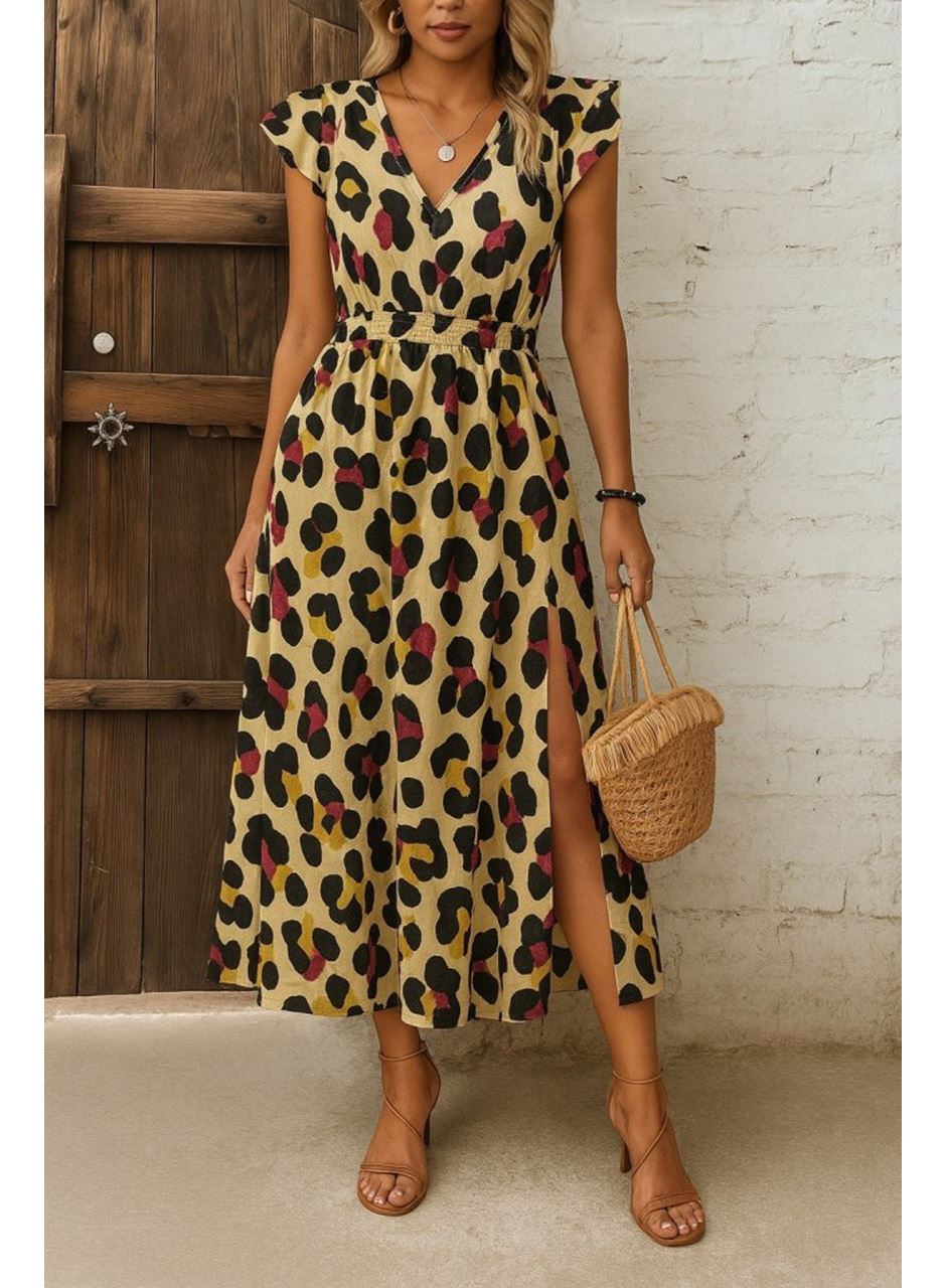 Kadın Kısa Kollu V Yakalı Desenli Yandan Yırtmaçlı Süprem Elbise