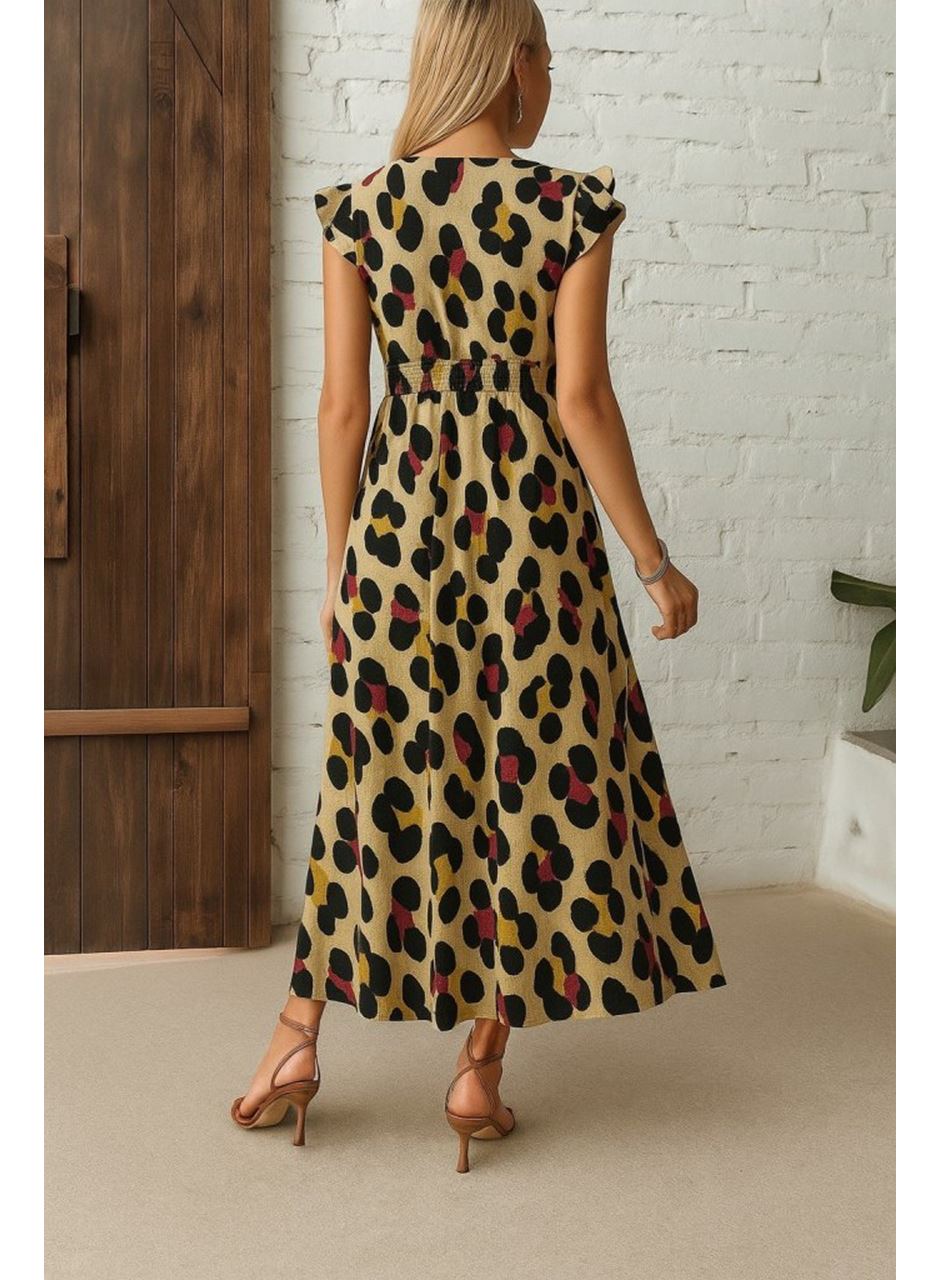 Kadın Kısa Kollu V Yakalı Desenli Yandan Yırtmaçlı Süprem Elbise