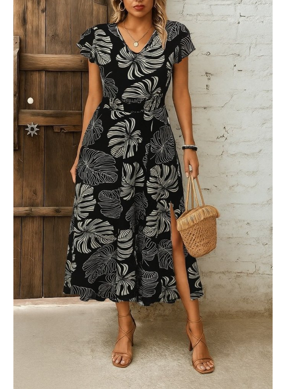 Kadın Kısa Kollu V Yakalı Desenli Yandan Yırtmaçlı Süprem Elbise