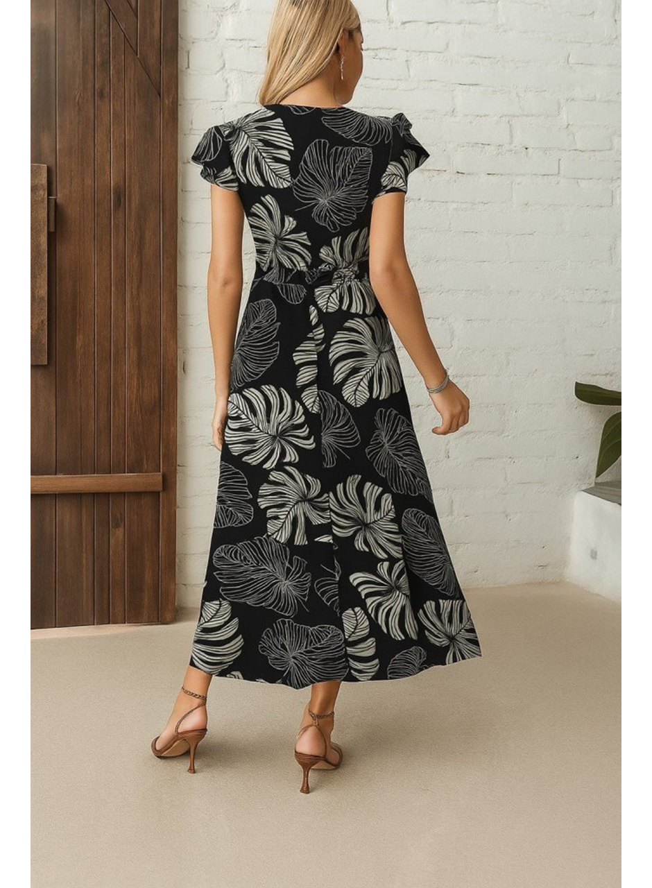 Kadın Kısa Kollu V Yakalı Desenli Yandan Yırtmaçlı Süprem Elbise