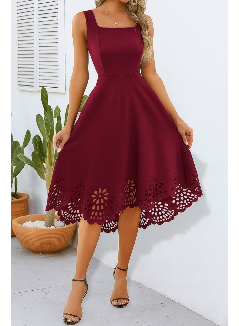 Kadın Askılı Geometrik Yaka çiçek Lazer Kesim Ithal Krep Elbise