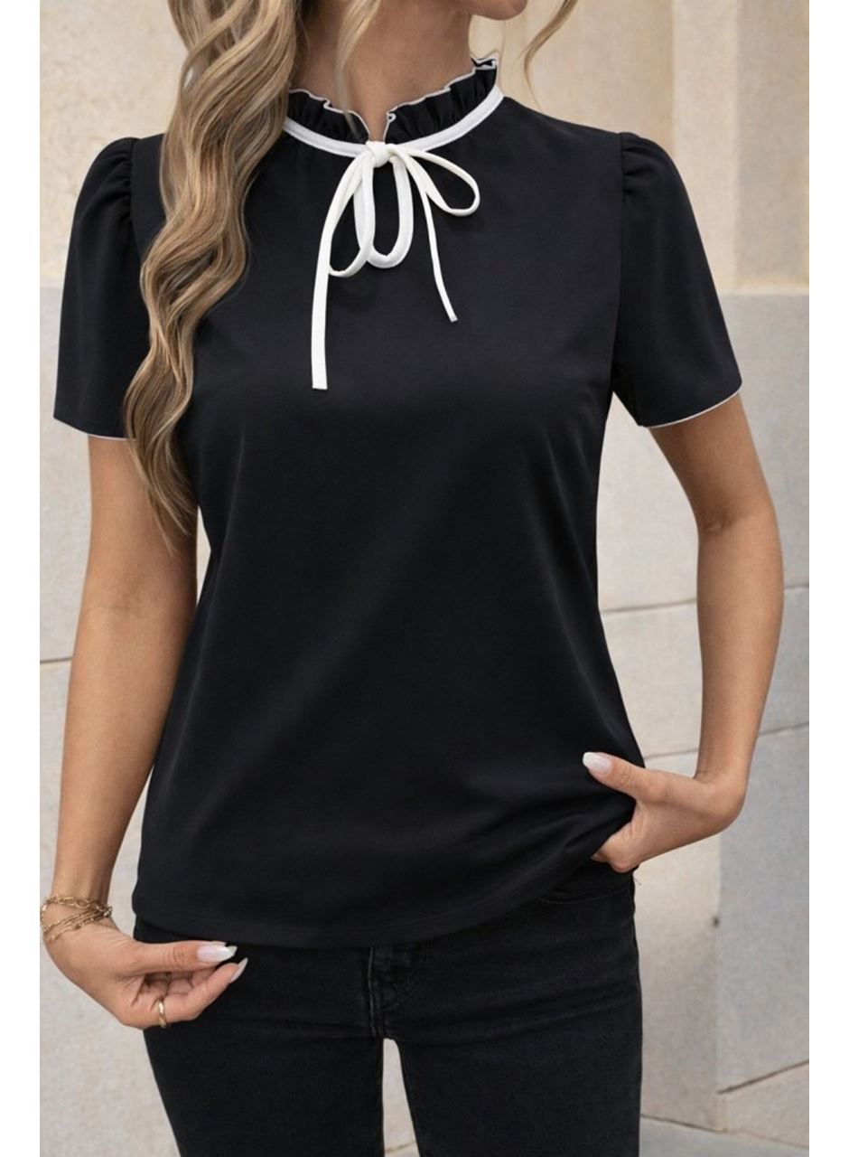 Kadın Kısa Kollu Yakası Fırfırlı Bağcıklı Janjan Krep Bluz