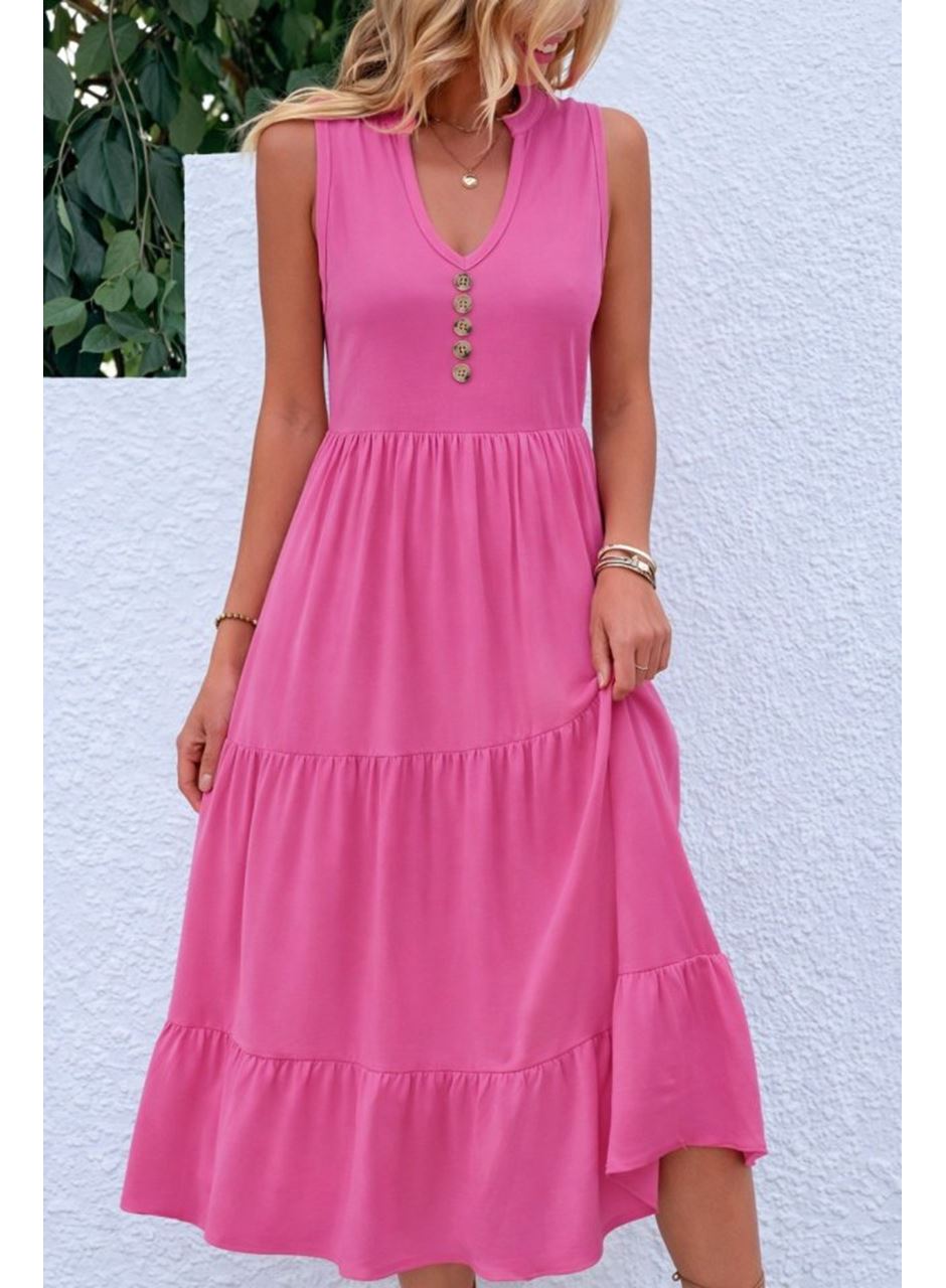 Kadın Askılı V Yakalı önden Düğmeli Midi Viskon Elbise