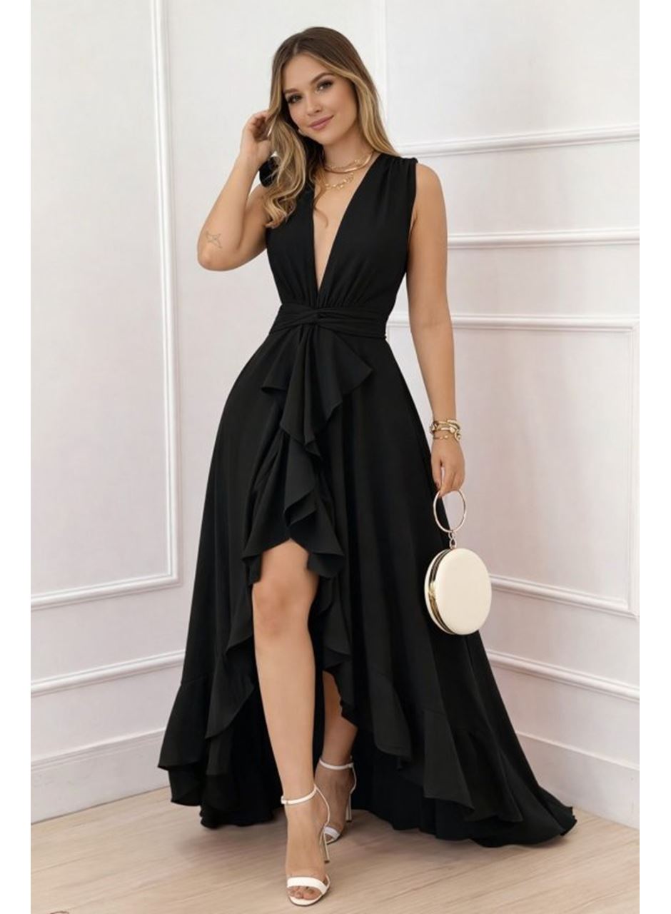 Kadın Askılı Kruvaze Yakalı önü Volanlı Uzun Krep Elbise