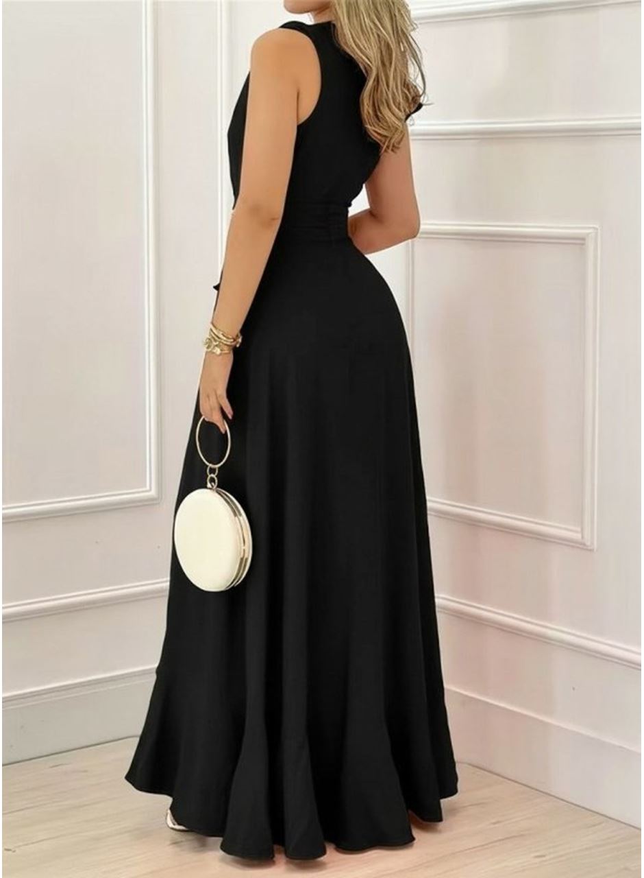 Kadın Askılı Kruvaze Yakalı önü Volanlı Uzun Krep Elbise