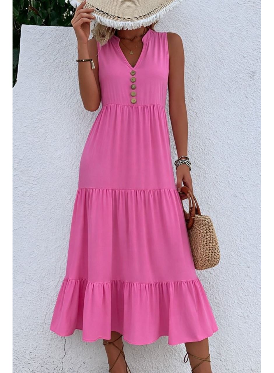 Kadın Askılı V Yakalı önden Düğmeli Midi Viskon Elbise