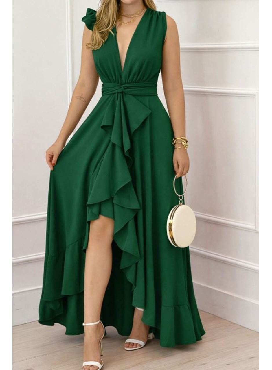 Kadın Askılı Kruvaze Yakalı önü Volanlı Uzun Krep Elbise