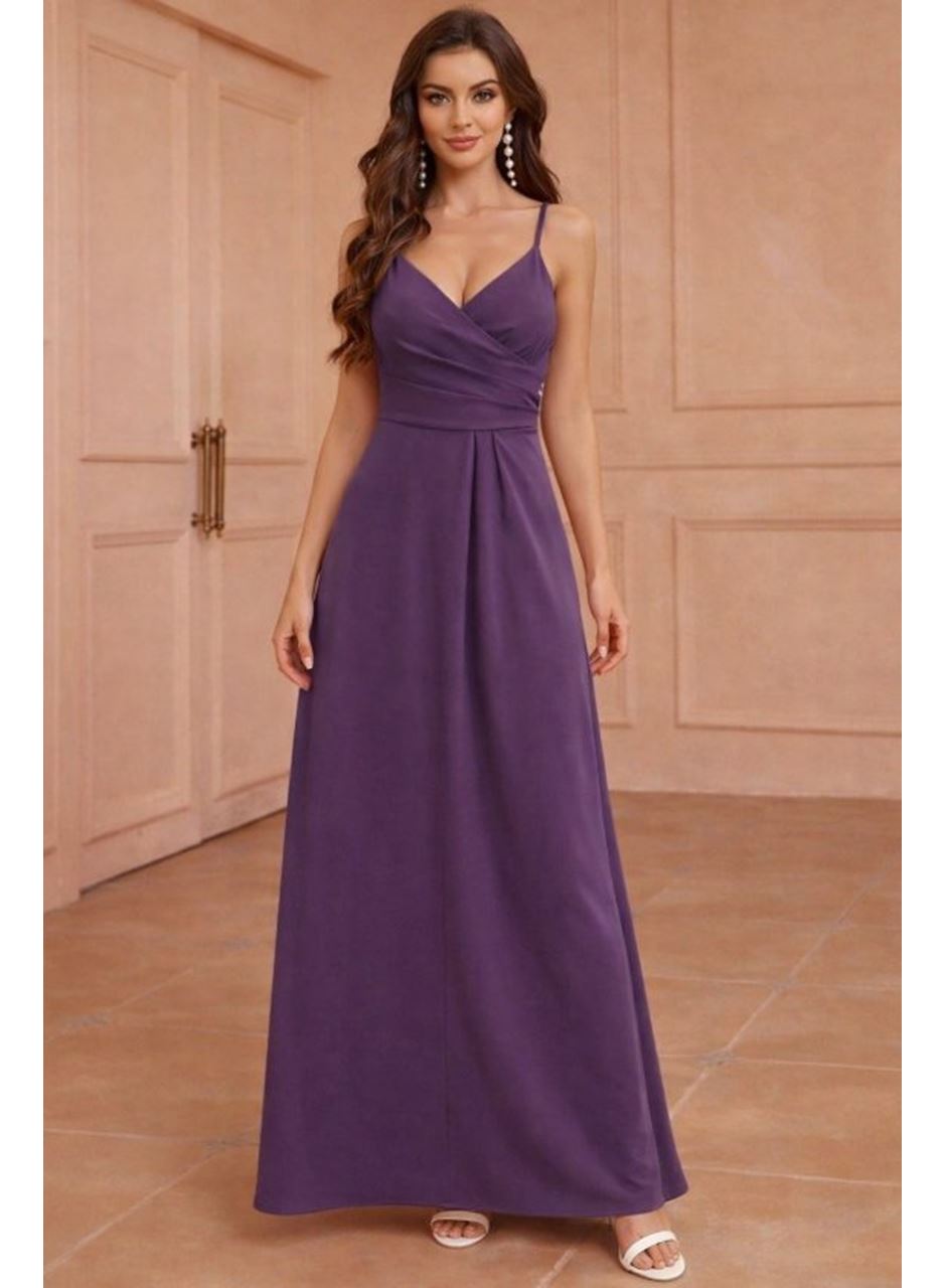 Kadın Ip Askılı Kruvaze Yakalı Yırtmaçlı Uzun Ithal Krep Elbise