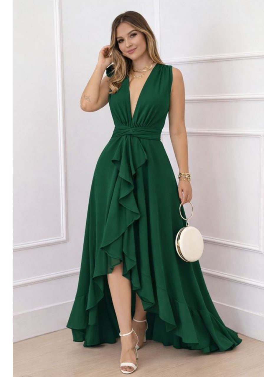 Kadın Askılı Kruvaze Yakalı önü Volanlı Uzun Krep Elbise