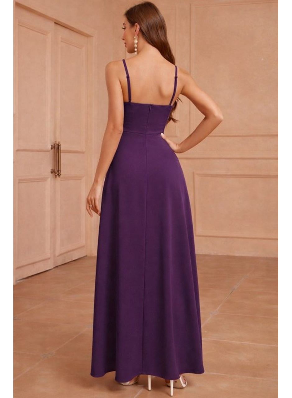 Kadın Ip Askılı Kruvaze Yakalı Yırtmaçlı Uzun Ithal Krep Elbise