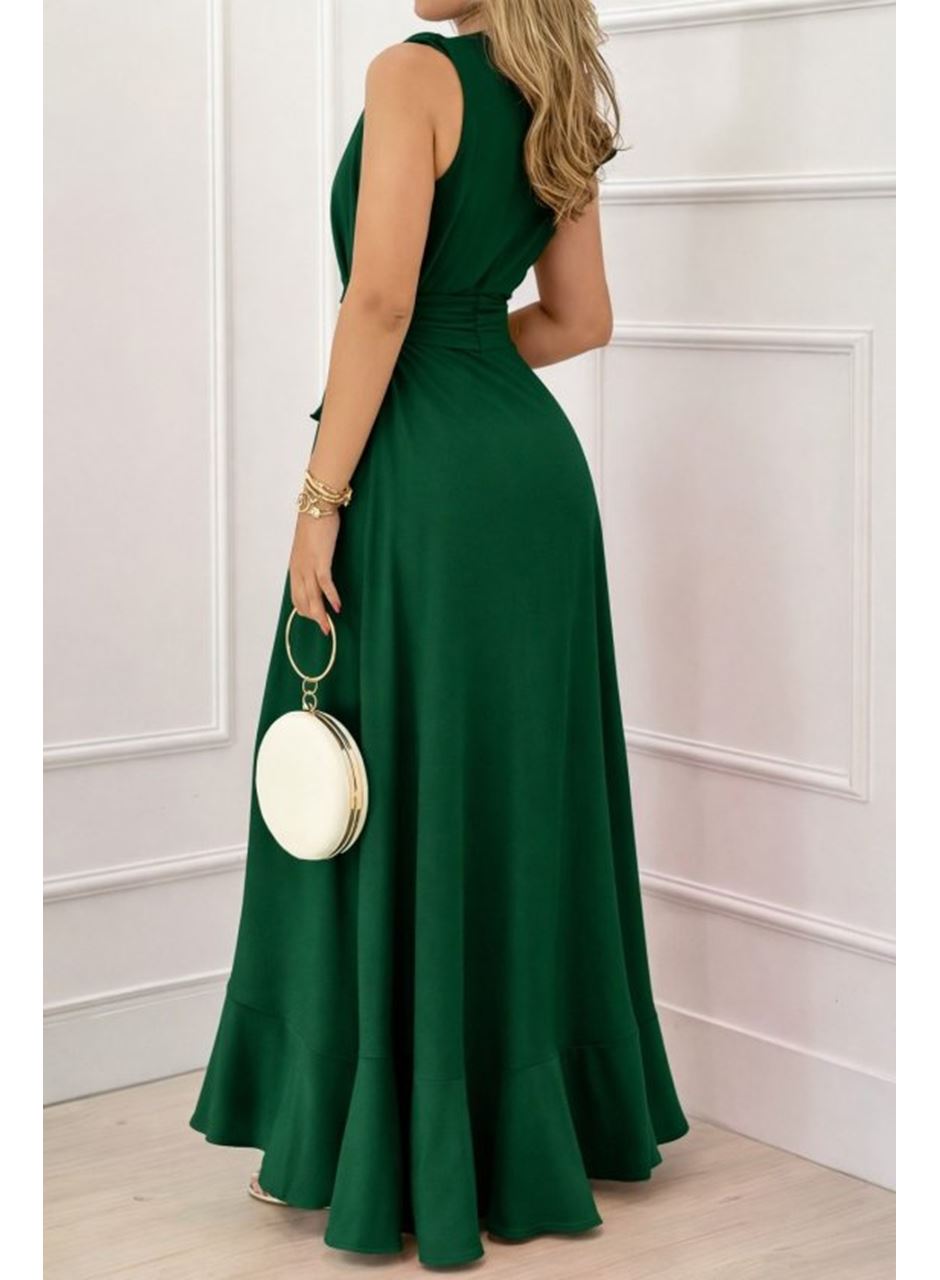 Kadın Askılı Kruvaze Yakalı önü Volanlı Uzun Krep Elbise