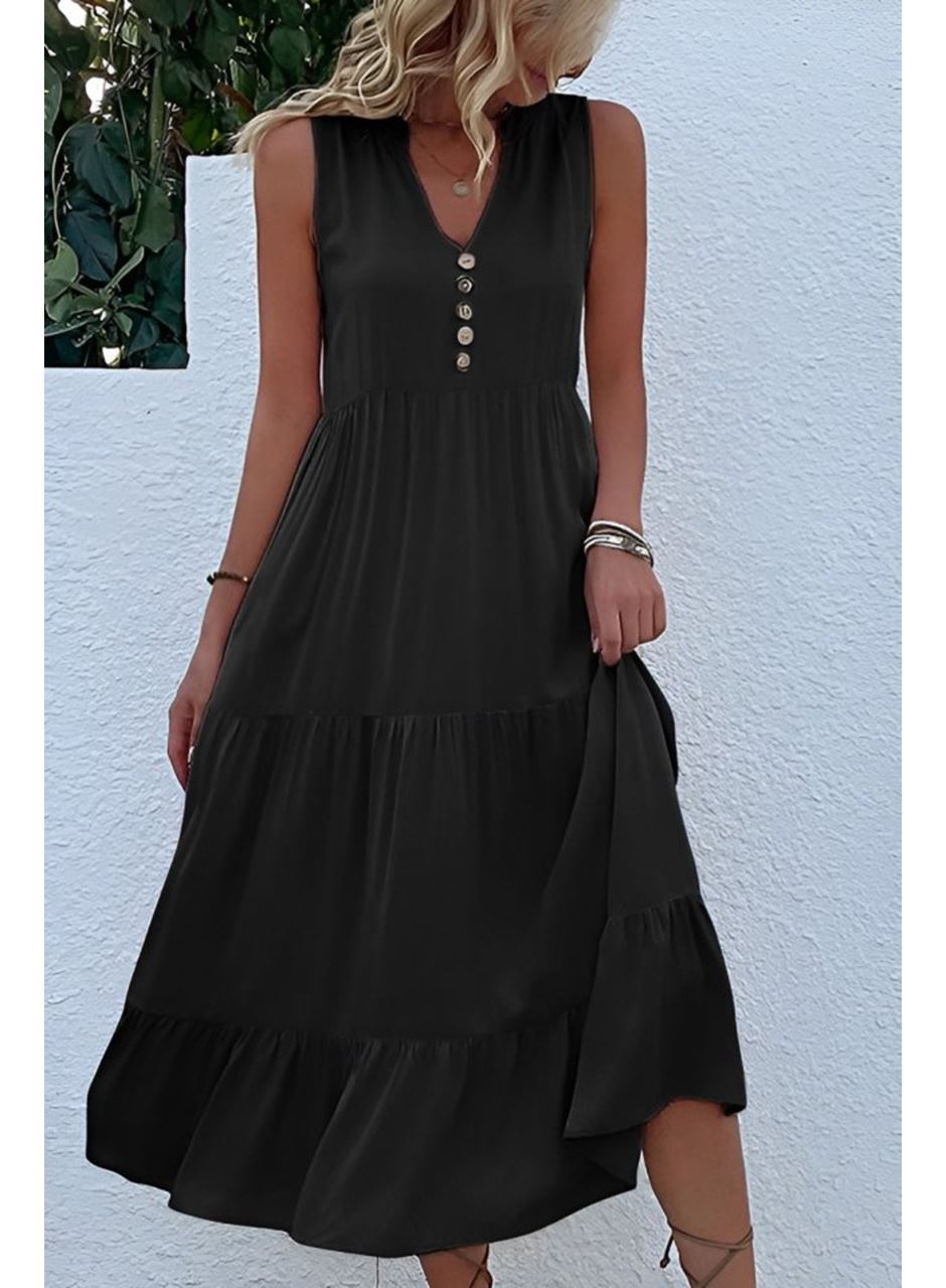 Kadın Askılı V Yakalı önden Düğmeli Midi Viskon Elbise