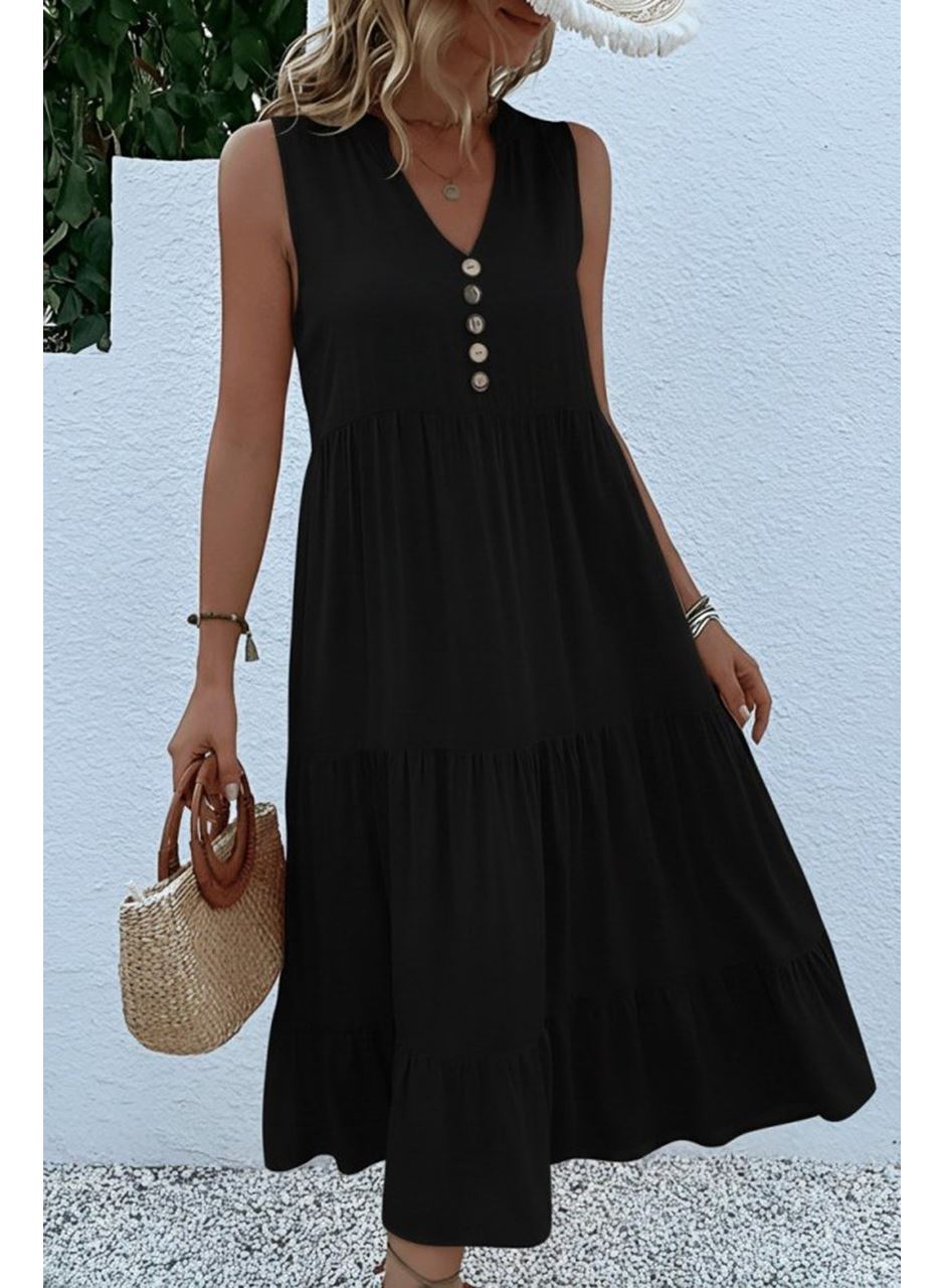 Kadın Askılı V Yakalı önden Düğmeli Midi Viskon Elbise