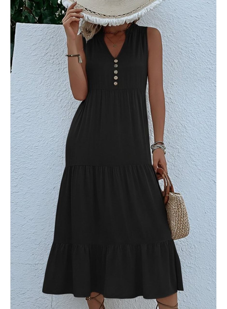 Kadın Askılı V Yakalı önden Düğmeli Midi Viskon Elbise