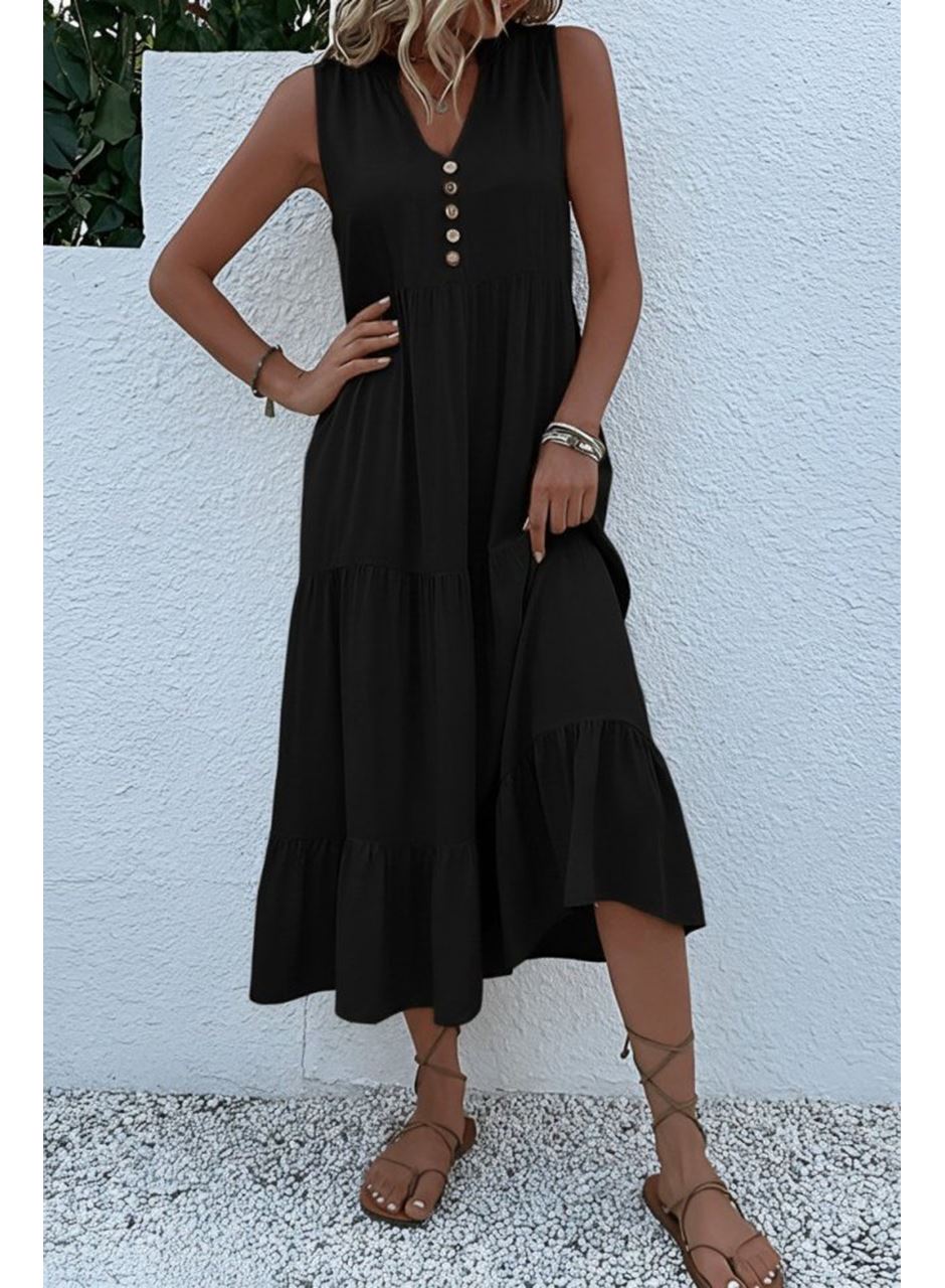 Kadın Askılı V Yakalı önden Düğmeli Midi Viskon Elbise