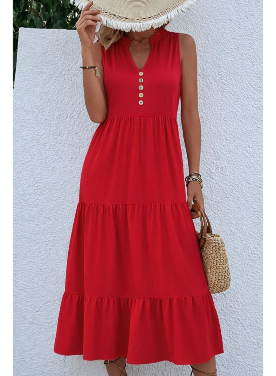 Kadın Askılı V Yakalı önden Düğmeli Midi Viskon Elbise