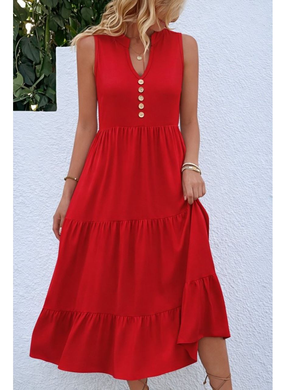 Kadın Askılı V Yakalı önden Düğmeli Midi Viskon Elbise