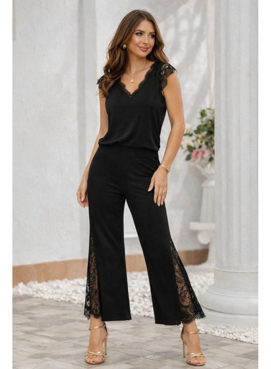 Kadın Kısa Kollu V Dantel Yakalı Sandy Bluz Pantolon Ikili Takım