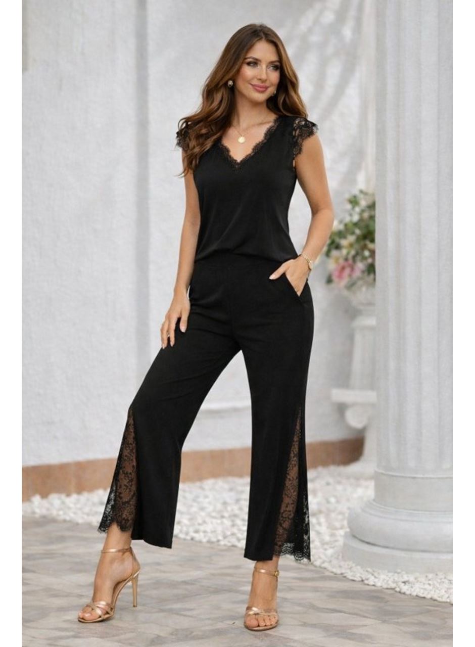 Kadın Kısa Kollu V Dantel Yakalı Sandy Bluz Pantolon Ikili Takım