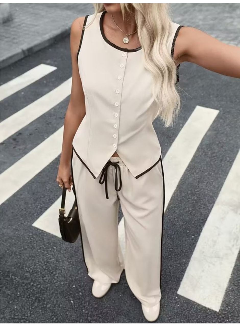 Kadın Kolsuz önü Düğmeli Yelek Ve Pantolon Ikili Takım